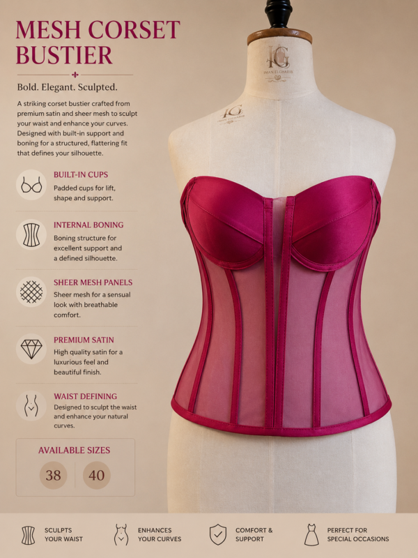1F018F4E-CECC-4484-A28E-D4E4BDE488E1 Fuchsia Satin & Mesh Corset Bustier