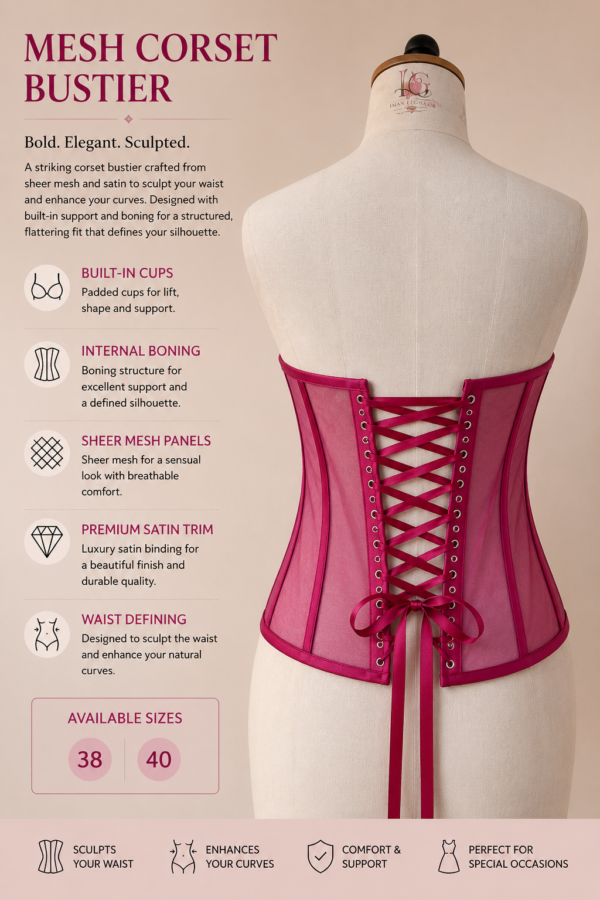 8CAEC636-86AF-48F8-938B-33D0C60F1DA7 Fuchsia Satin & Mesh Corset Bustier